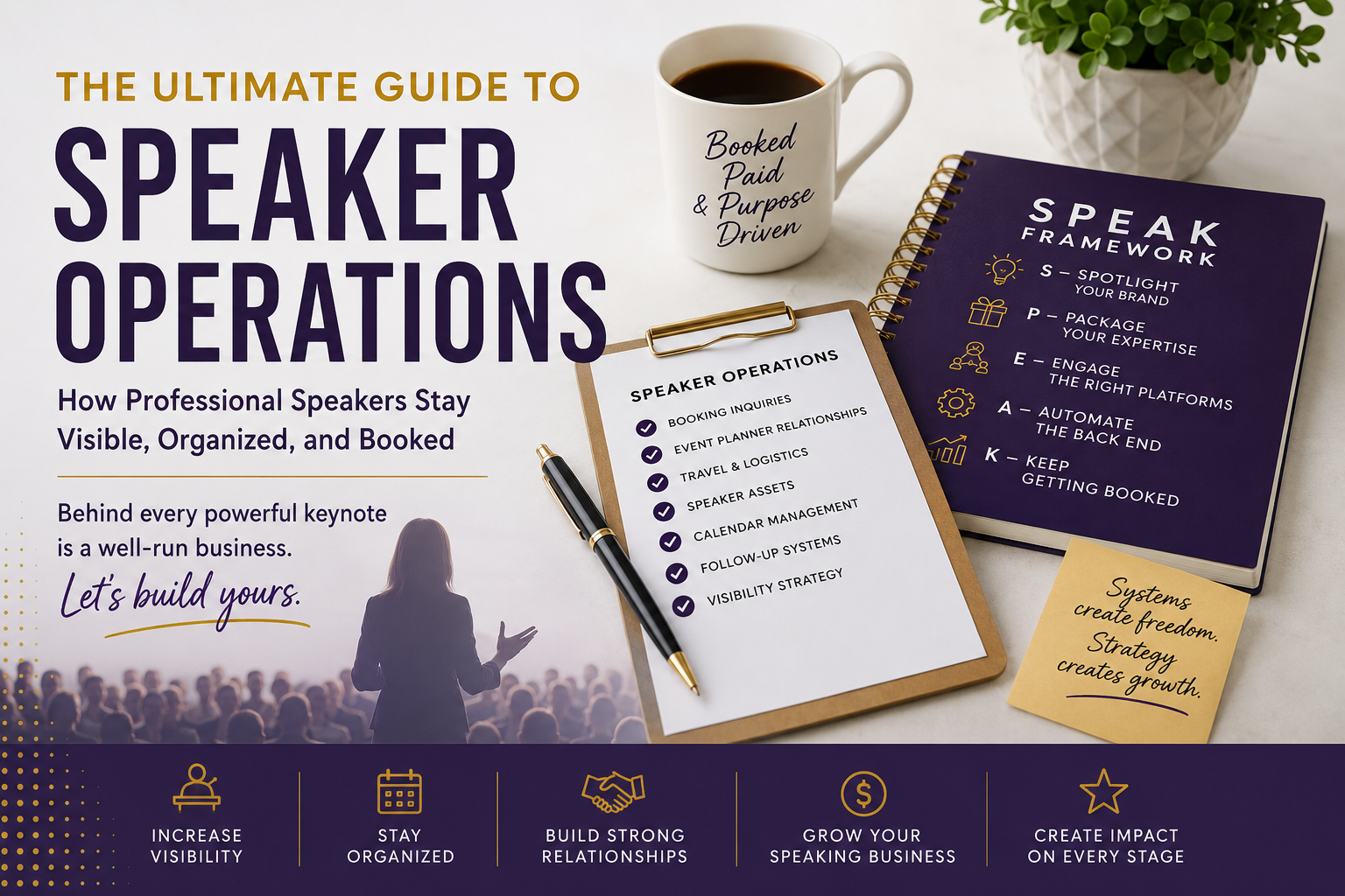 Speaker Operations Guide Banner The Ultimate Guide to Speaker Operations illustrating how professional speakers stay visible, organized, and booked through systems, logistics, and strategic support.