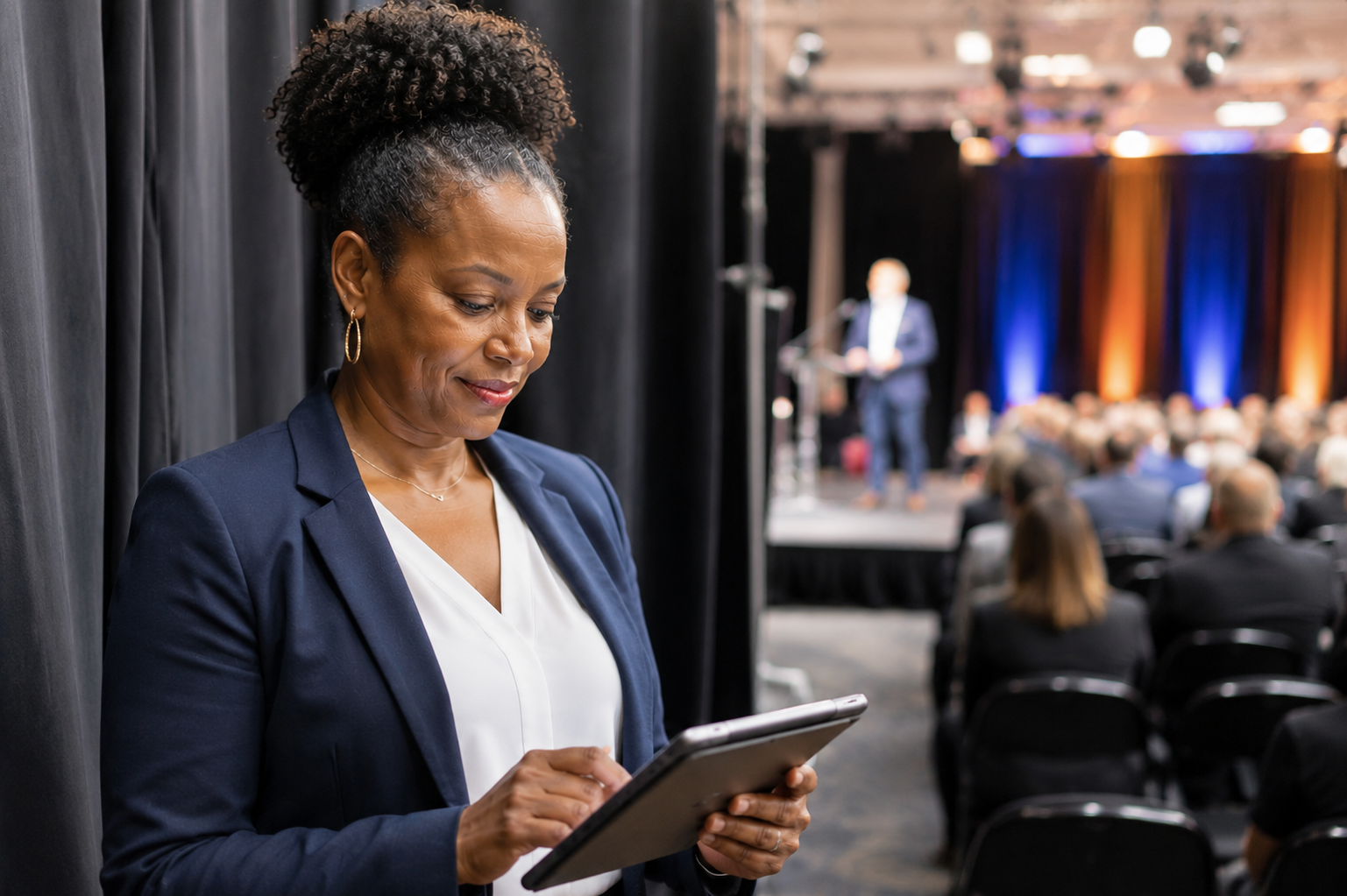 The Hidden Cost of Being the Talent and the Operations Team Keynote speaker reviewing speaking business systems backstage before walking onstage